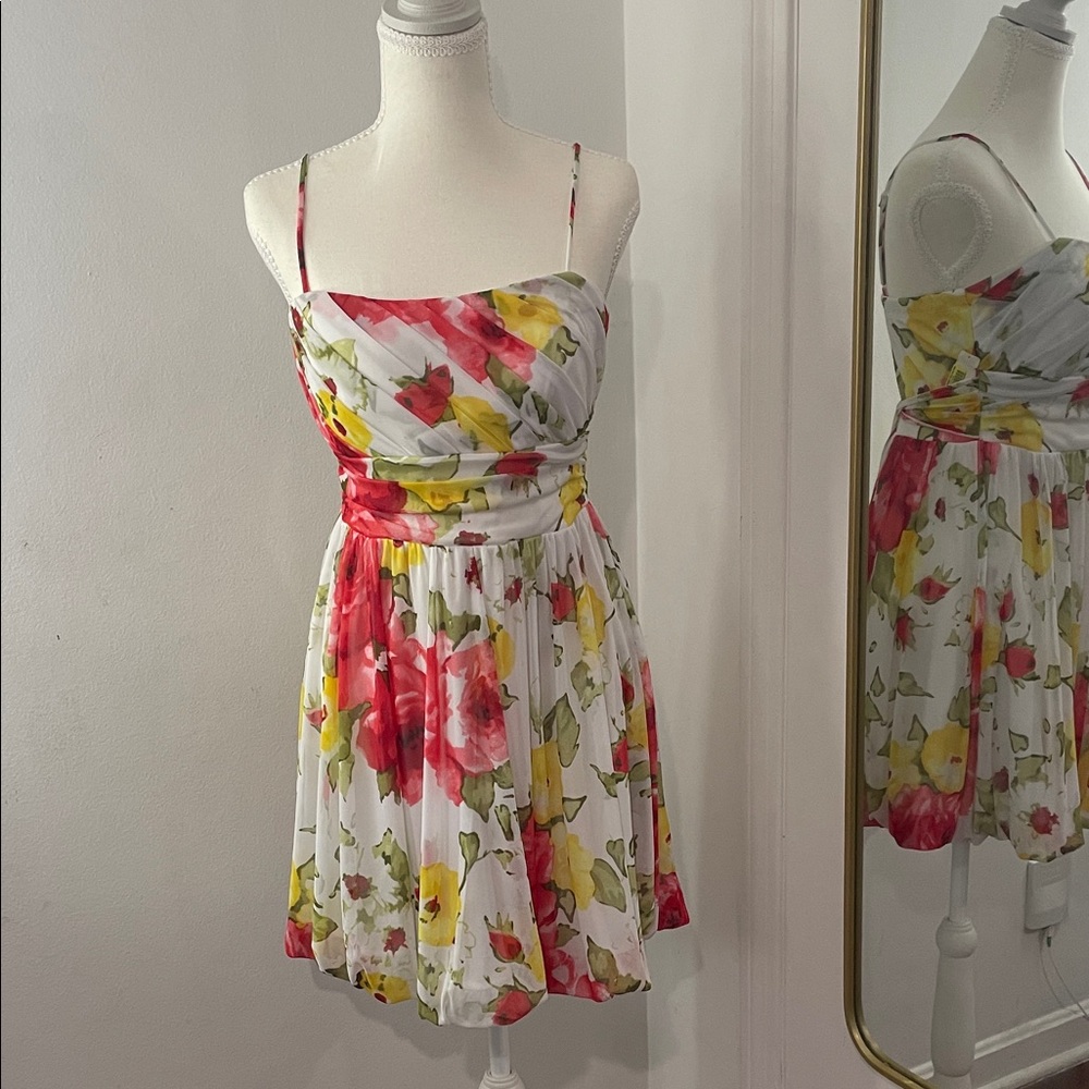 Xtraordinary Floral Mini Dress - Red, Yellow, Green 90s style with bubble hem